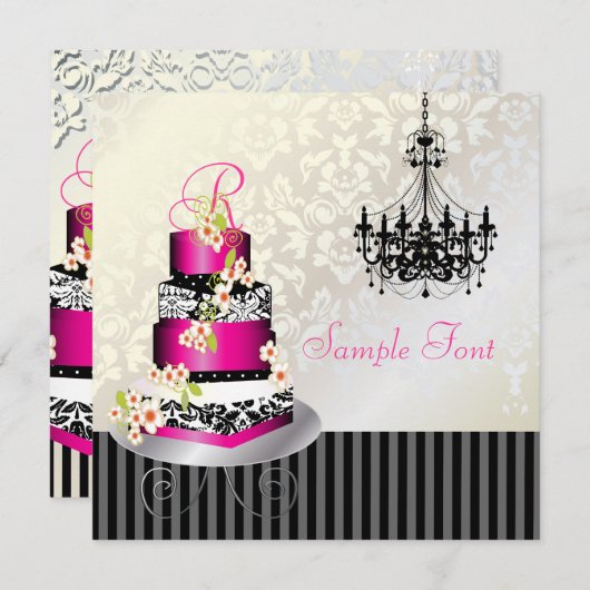 PixDezines Monogramm Bridal, heißer rosa Kuchen Einladung (Vorne/Hinten)