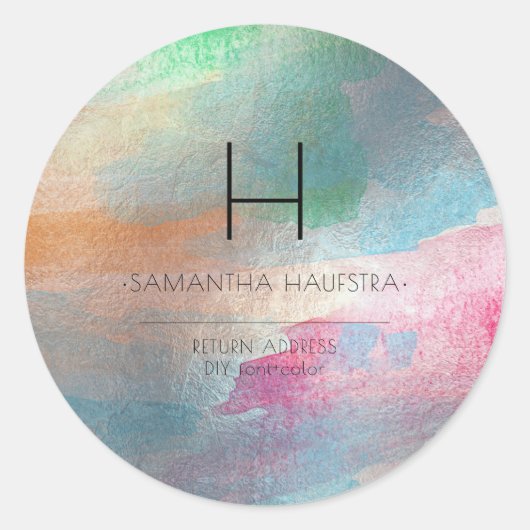 PixDezines Monogramm Iridescent Brushed Wasserfarb Runder Aufkleber (Vorderseite)