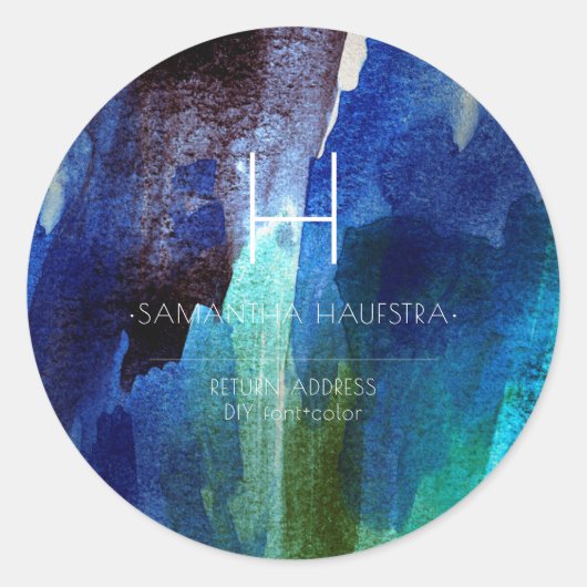 PixDezines Monogramm Iridescent Brushed Wasserfarb Runder Aufkleber (Vorderseite)