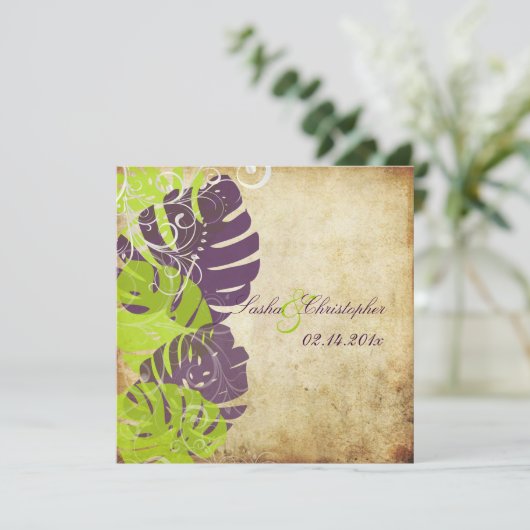 PixDezines Monstera, Tropenfolien + Wirbel Einladung (Stehend Vorderseite)