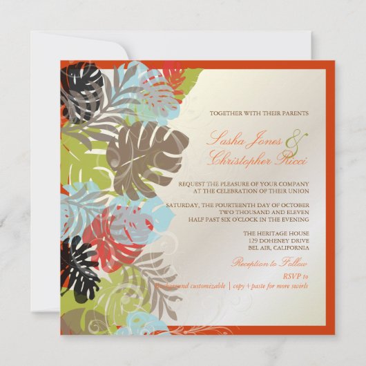 PixDezines Monstera, tropische Blätter+Wirbel Einladung (Rückseite)