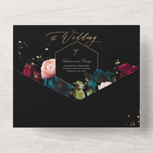 PixDezines Moody Floral Burgundy Aquamarin All In One Einladung (Rückseite)