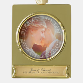 PixDezines Mr. & Mrs. First Christmas Wedding Foto Banner-Ornament Gold
