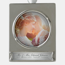 PixDezines Mr. & Mrs. First Christmas Wedding Foto Banner-Ornament Silber