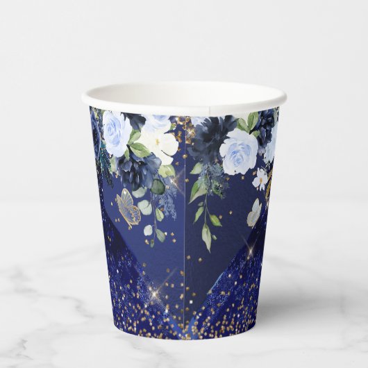 PixDezines Navy Blue Gold Glitzer QuinceDress Pape Pappbecher (Rechts)