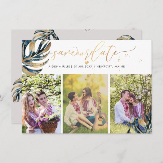 PixDezines Navy Blue Monstera Imitats Metallic Save The Date (Vorne/Hinten)