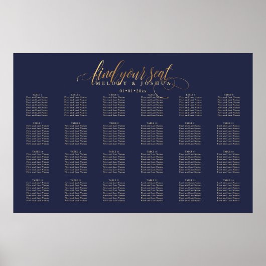PixDezines Navy+Gold-Kalligraphie, Seating Chart Poster (Vorne)