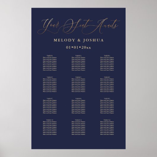 PixDezines Navy+Gold-Kalligraphie, Seating Chart Poster (Vorne)