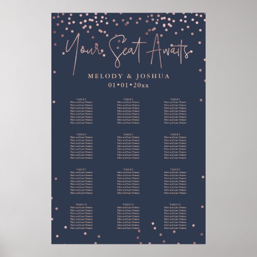 PixDezines Navy+Rose Gold Script, Seating Chart Poster (Vorne)