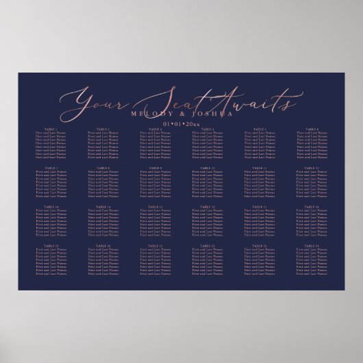 PixDezines Navy+Rose Gold Script, Seating Chart Poster (Vorne)