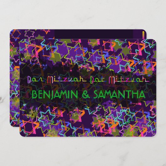 PixDezines NEON/GRUNG STARS/BAR+BAT MITZVAH Einladung (Vorne/Hinten)