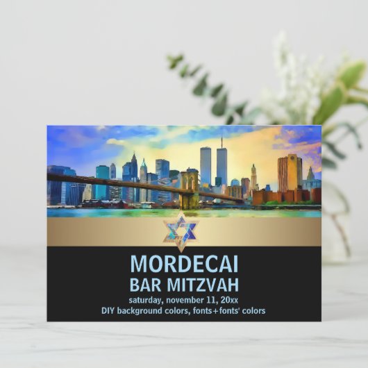 PixDezines NYC/Brooklyn Bridge/Bar Mitzvah Einladung (Stehend Vorderseite)