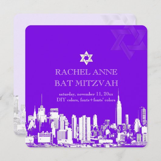 PixDezines NYC Skyline/Fledermaus-Mitzvah Einladung (Vorne/Hinten)