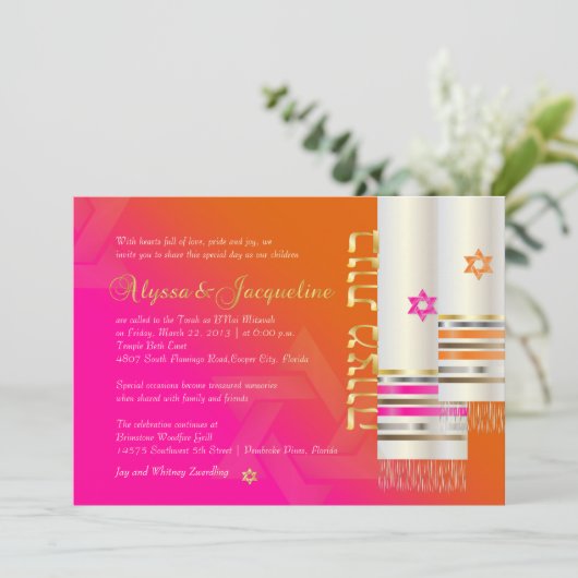 PixDezines Orange/Pink Tallits B'not mitzvah Farbe Einladung (Stehend Vorderseite)