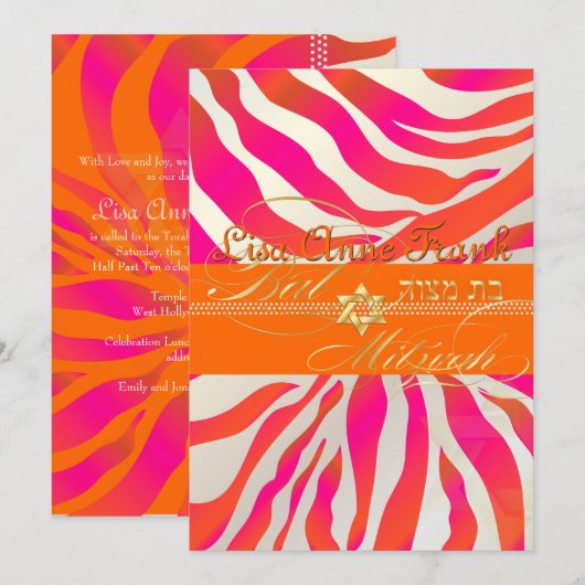 PixDezines Orange Zebra, Bat Mitzvah Einladung (Vorne/Hinten)