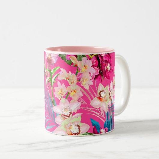 PixDezines Orchid Isle, Pink Orchid+Blue Foliage Zweifarbige Tasse (VorderseiteRechts)