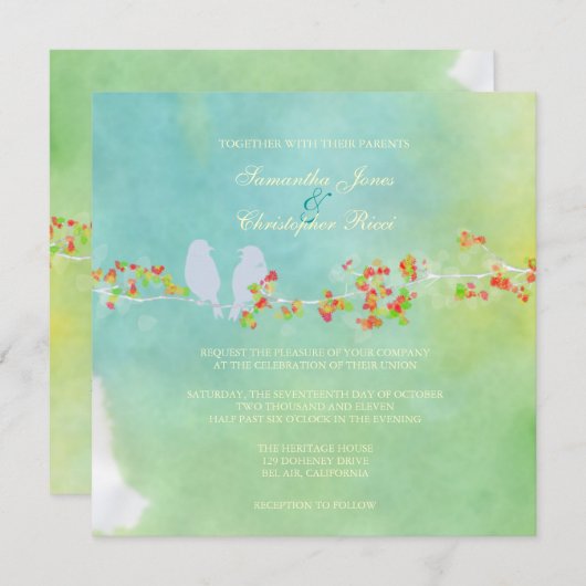 PixDezines Original Love Vögel auf Wasserfarbe Einladung (Vorne/Hinten)