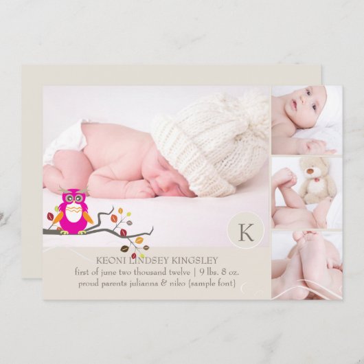 PixDezines-owl-Fotovorlage Geburtsankündigung Ankündigung (Vorne/Hinten)