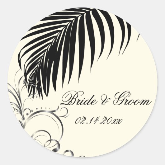 PixDezines palm frond Hochzeitsticker/schwarz+beig Runder Aufkleber (Vorderseite)
