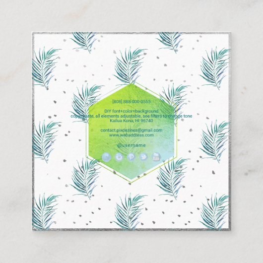 PixDezines PALM FRONDS, AQUAMARINER BLAU Quadratische Visitenkarte (Rückseite)