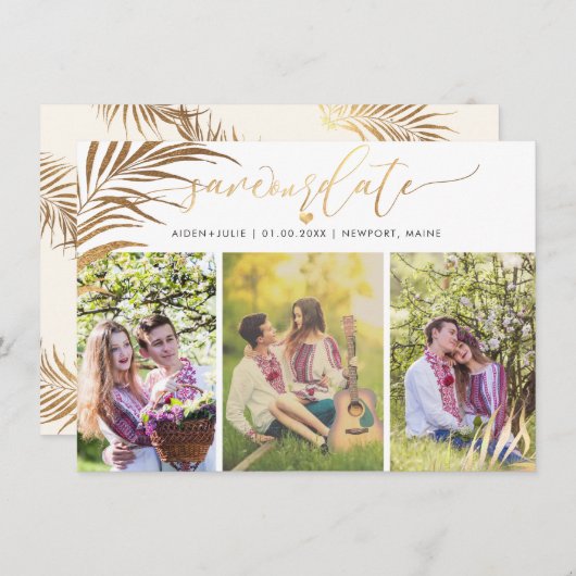 PixDezines Palm Fronds Imitate Gold Moderne Schrif Save The Date (Vorne/Hinten)
