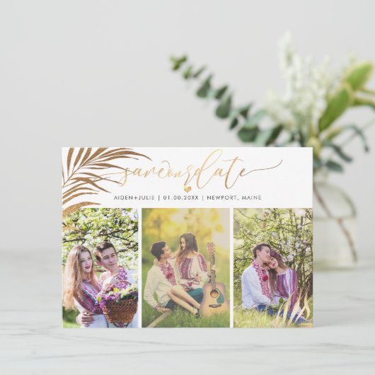 PixDezines Palm Fronds Imitate Gold Moderne Schrif Save The Date (Stehend Vorderseite)