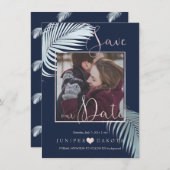 PixDezines PALM-FRONDS, SILVER BLAUE DIY HINTERGRU Save The Date (Vorne/Hinten)