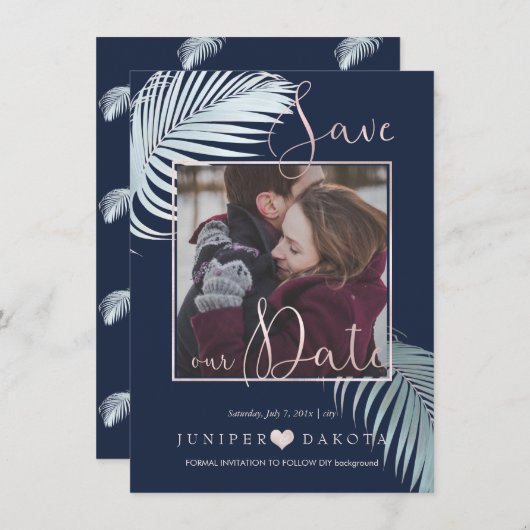 PixDezines PALM-FRONDS, SILVER BLAUE DIY HINTERGRU Save The Date (Vorne/Hinten)