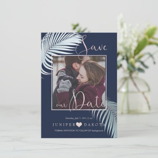 PixDezines PALM-FRONDS, SILVER BLAUE DIY HINTERGRU Save The Date (Stehend Vorderseite)