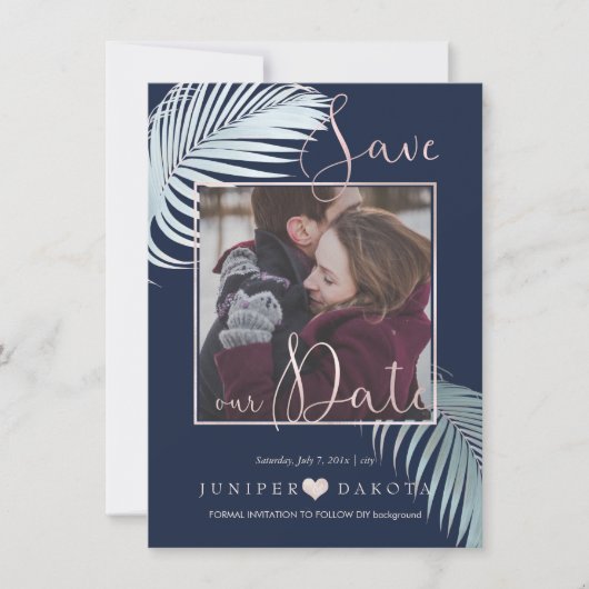PixDezines PALM-FRONDS, SILVER BLAUE DIY HINTERGRU Save The Date (Vorderseite)