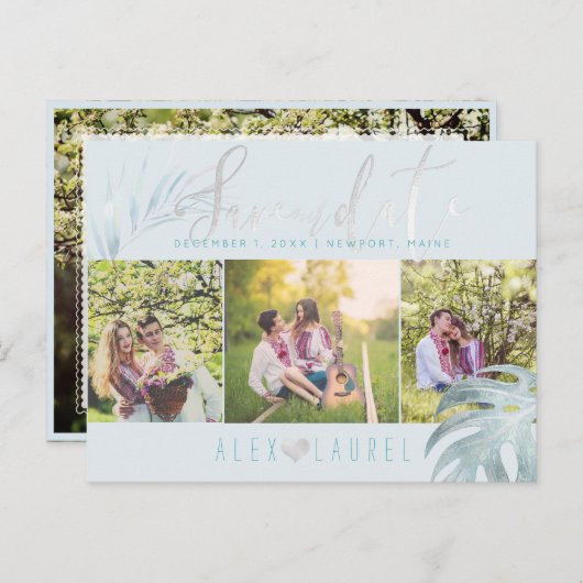 PixDezines Palms Rettete unser Datum/Platinum+Aqua Ankündigungspostkarte (Vorne/Hinten)