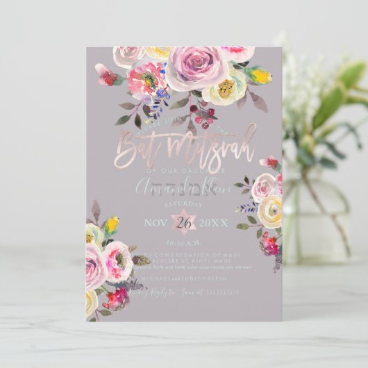 PixDezines Pastel Floral Wasserfarbe Bat Mitzvah Einladung (Stehend Vorderseite)