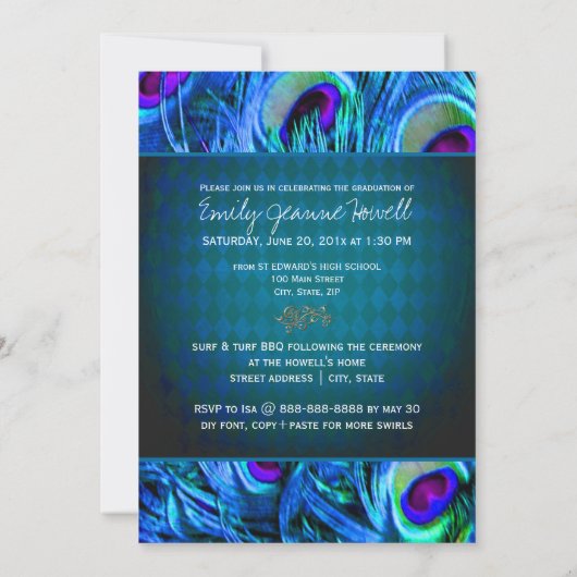 PixDezines Peacock Feather Abschluss Einladung (Rückseite)