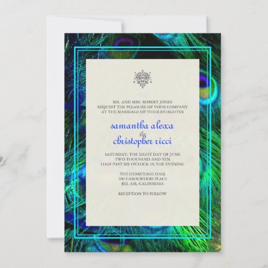 PixDezines PEACOCK FEATHER/AQUA/TURQUOISE INVIERT Einladung (Rückseite)