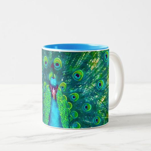 PixDezines Pfau/aquamarin/Aquablau Zweifarbige Tasse (VorderseiteRechts)