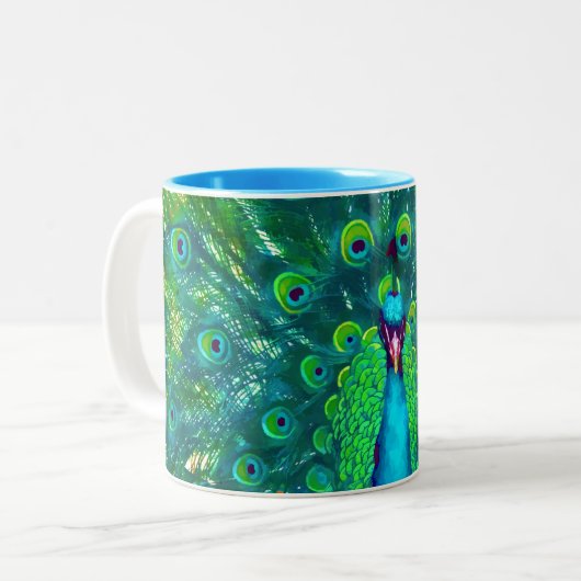 PixDezines Pfau/aquamarin/Aquablau Zweifarbige Tasse (Vorderseite Links)
