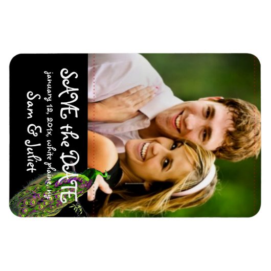 PixDezines Pfau Foto rett Datum/DIY-Farbe+Schrifta Magnet (Horizontal)