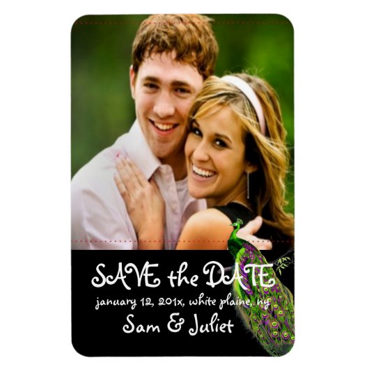 PixDezines Pfau Foto rett Datum/DIY-Farbe+Schrifta Magnet (Vertikal)