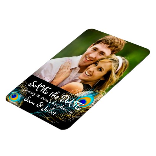 PixDezines Pfau Foto rett Datum/DIY-Farbe+Schrifta Magnet (Linke Seite)