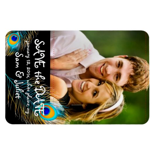 PixDezines Pfau Foto rett Datum/DIY-Farbe+Schrifta Magnet (Horizontal)