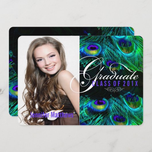 PixDezines Pfauenfeder Abschluss/Foto Einladung (Vorne/Hinten)