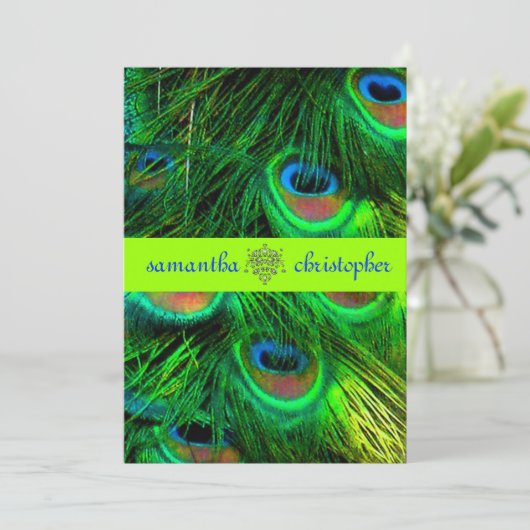 PixDezines Pfauenfeder/psychedelisches Grün Einladung (Stehend Vorderseite)