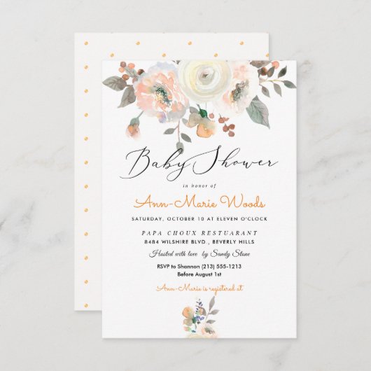 PixDezines Pfirsiche+Cream Aquarell Kinderdusche Einladung (Vorne/Hinten)