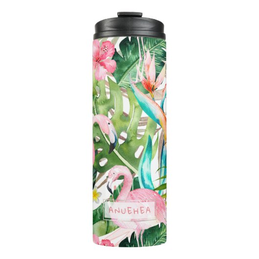 PixDezines Pink Flamingos+Tropical Foliage Thermosbecher (Vorderseite)