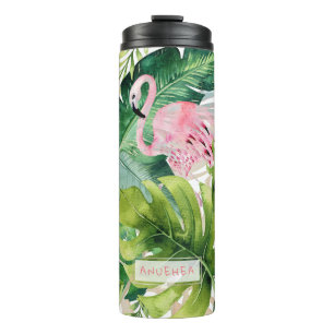 PixDezines Pink Flamingos+Tropical Foliage Thermosbecher