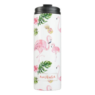 PixDezines Pink Flamingos+Tropical Foliage Thermosbecher