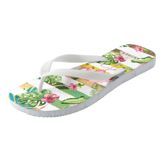 PixDezines PINK FLAMINGOS, TROPISCHES THEMA Badesandalen (Schrägansicht)