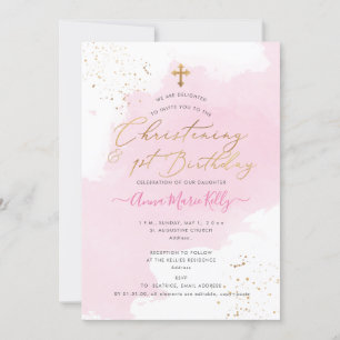 PixDezines Pink H2 Christening+1. Geburtstag Einladung