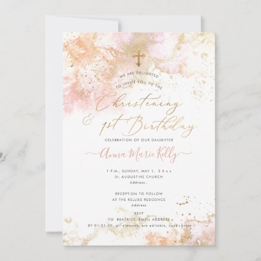 PixDezines Pink H2 Christening+1. Geburtstag Invit Einladung (Vorderseite)