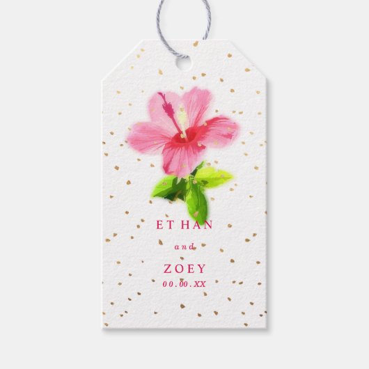 PixDezines Pink Hawaiianischer Hibiskus/Gold-Speck Geschenkanhänger (Vorderseite)